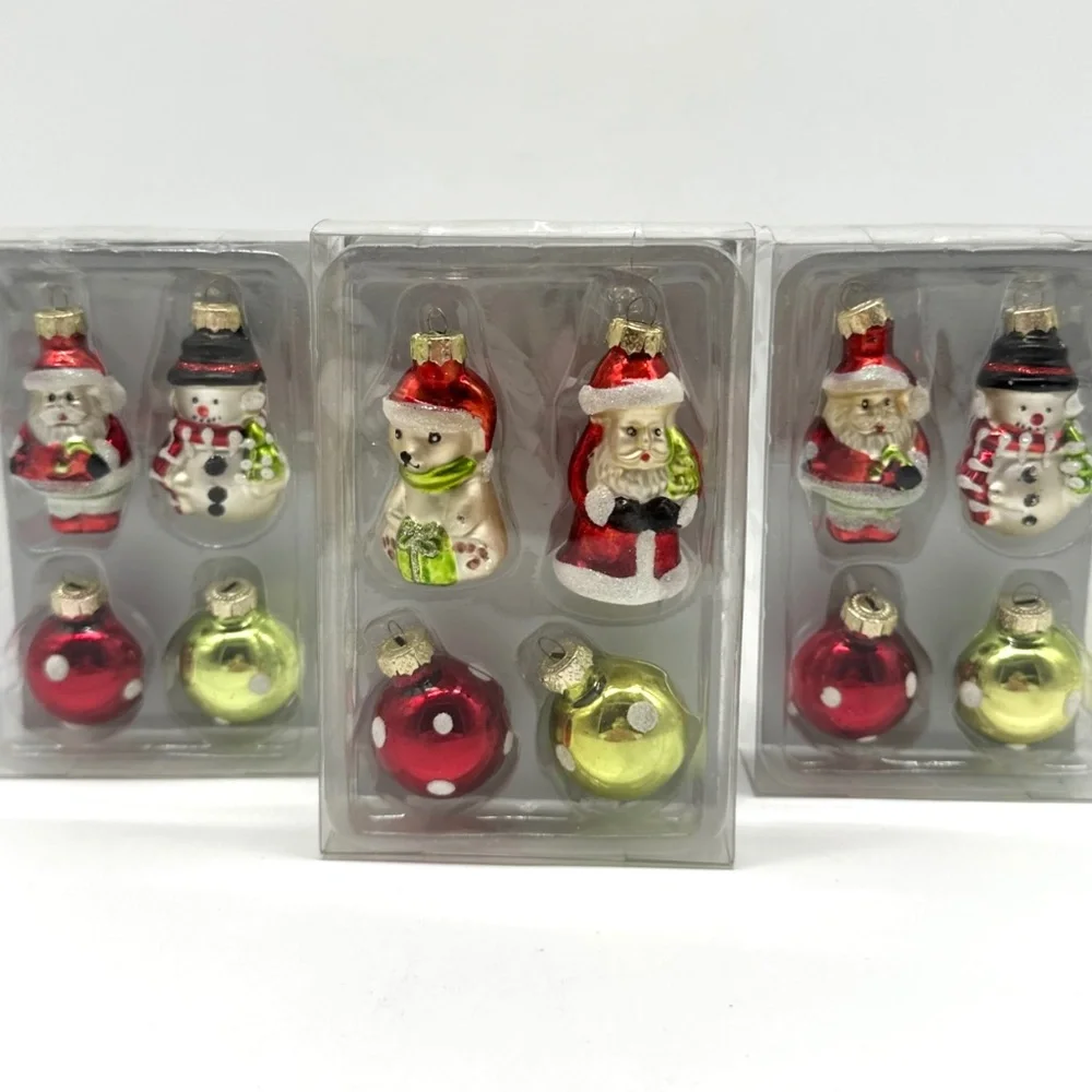 Pier 1 Mini Glass Ornaments Santa Snowman Bear Polka Dot Round Ball 3 Sets of 4